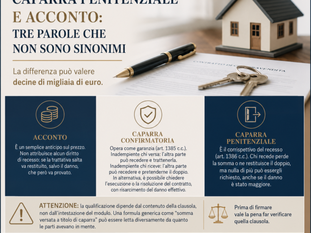 Caparra confirmatoria, caparra penitenziale e acconto: le differenze che contano